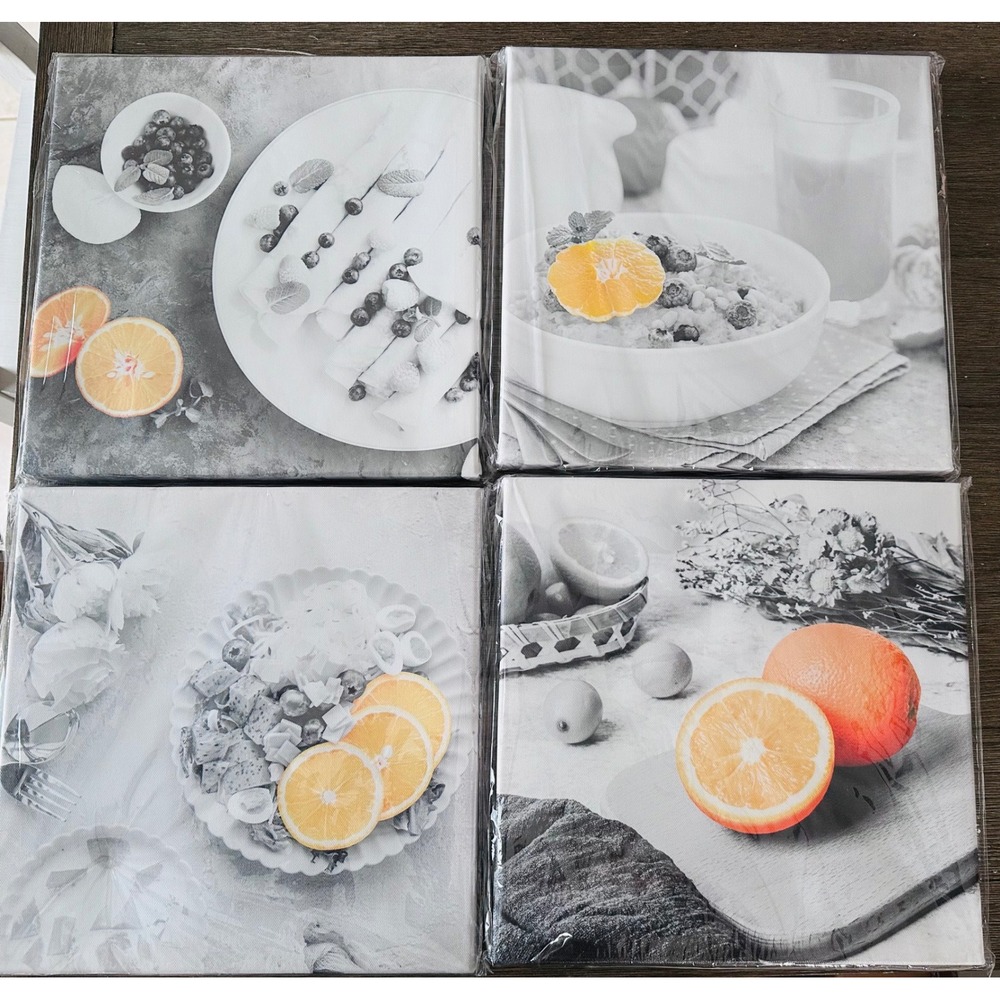 Set of 4 Modern Kitchen Canvas Wall Art Black White Orange Citrus Food 12x12 New